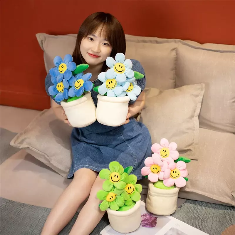 30cm Sunflower Flowerpot Plush Decor PP Cotton Stuffed Soft Plant Colorful Smiling Flower Home Decoration Ladies Girls Gift