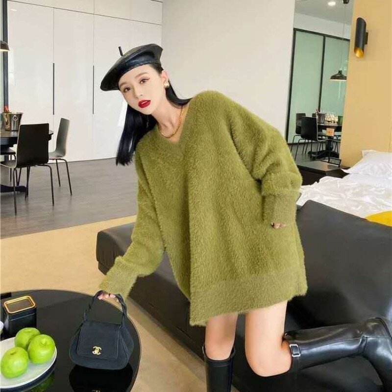 Fluffy Sweater Women Knit Pullover Long Sleeve Oversized Jumper Autumn Winter Coat V-neck Loose Tops Jacket Solid Sweaters New