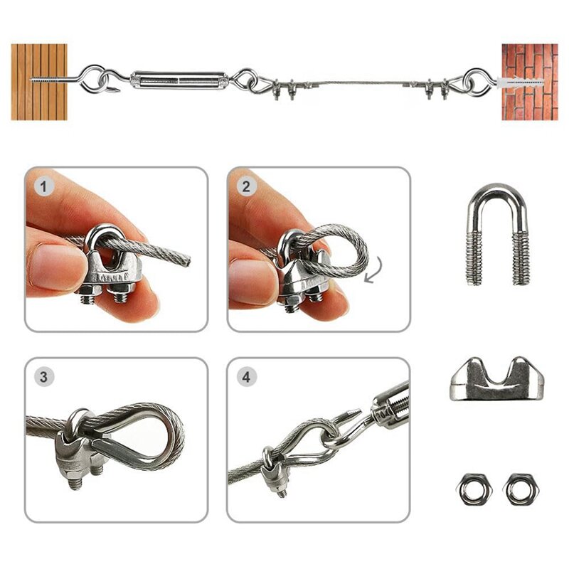 20M Stainless Steel Kit, 3MM Sorting Helps Tighten Rope Wear with M5 Stainless Steel Rope Clamp R
