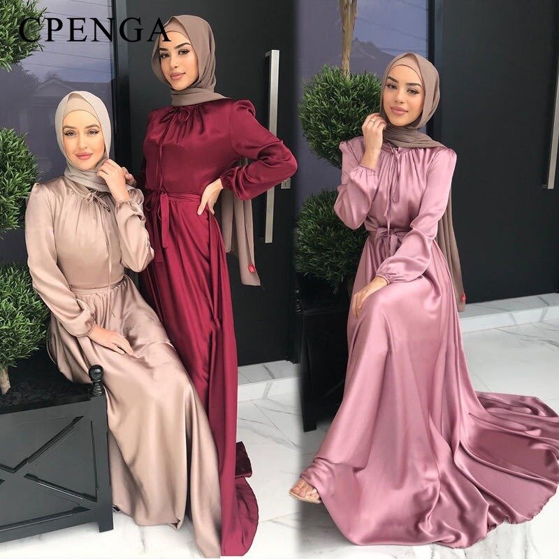 Hijab vestido de cetim ramadan muçulmano moda com cinto abaya dubai turquia árabe africano maxi vestidos para as mulheres roupas islam robes