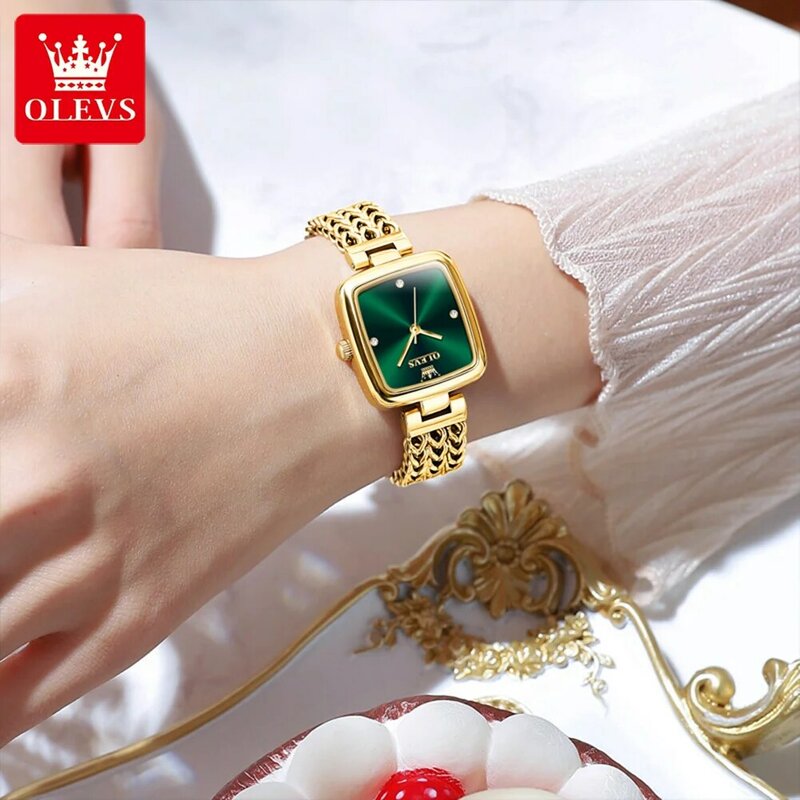 OLEVS-relojes elegantes de moda para mujer, esfera pequeña, reloj verde Dios para niña, correa de acero de malla impermeable, caja de regalo roja con pulsera