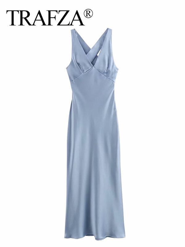 Trafza-女性のためのレトロなVネックドレス,青いイブニングドレス,クロス,中空の装飾,シルク,サテンのテクスチャ,ジッパー,パーティー,夏