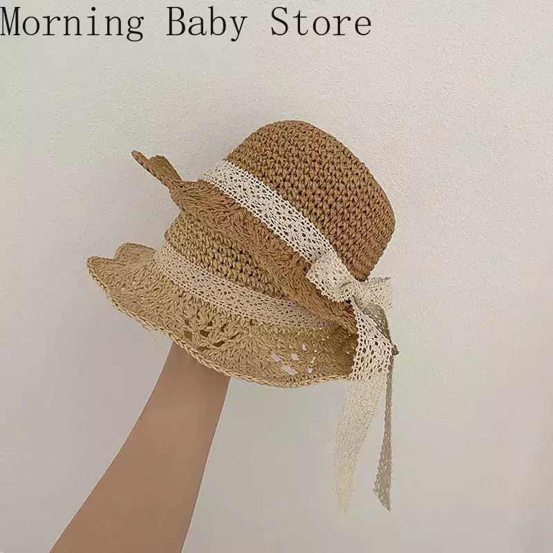 Lace Bow Straw Children's Summer Hat Sunshade Baby Girl Cap Sunscreen Beach Hat for 1-8 Years Kids Children's Accessories