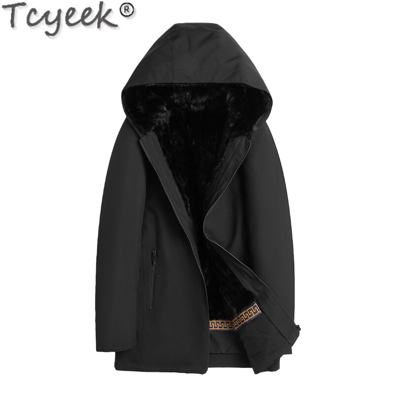 Tcyeek-معطف فرو حقيقي دافئ للرجال ، جاكيت شتوي ، بطانة من فرو المنك الطبيعي ، سترة متوسطة الطول ، معاطف غير رسمية ، ملابس عصرية