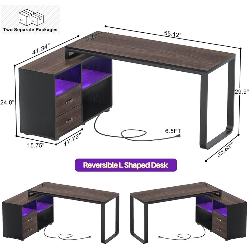 Homieasy L-образный стол со шкафом для файлов и розеткой, двусторонний большой угловой компьютерный стол 55 дюймов со светодиодной лентой, L-образный