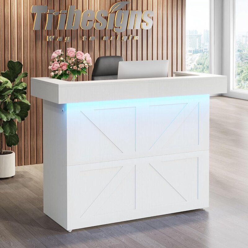 Reception Desk with Light, 55-Inch Front Desk , Modern Retail Counter Table for Salon, Lobby, Shop, Office Reception Room