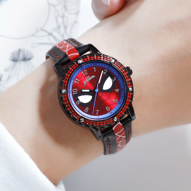 디즈니 스파이더맨 어린이 시계, 남아용 장난감, 가죽 쿼츠 방수 어린이 손목시계, 선물