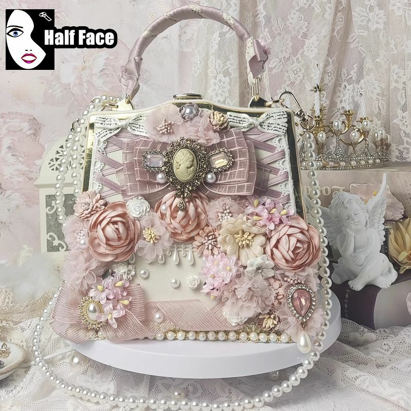 Y2K Girls Harajuku Womens Gothic Punk One Shoulder Pink Flower Marriage pearl Underarm Advanced Design Chain Crossbody Bags Tote