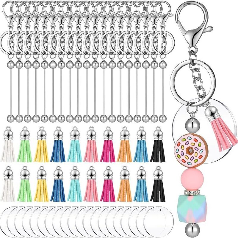 60pcs Blank Transparent Acrylic Beaded Key Chain DIY Bag Tassel Key Chain Embryo Pendant Accessories Cute Desk Accessories