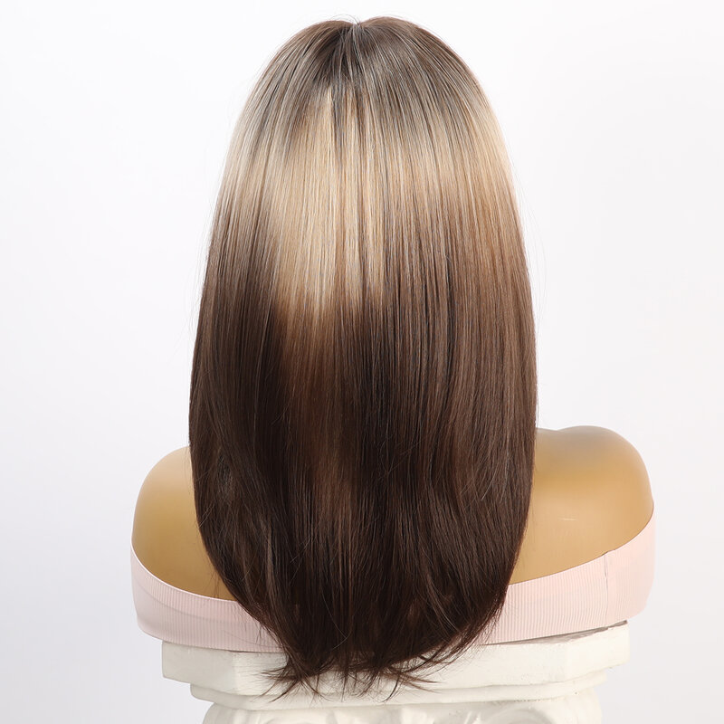 Peluca de cabello rizado para mujer, conjunto de cabeza completa recta, pelo largo negro y marrón degradado