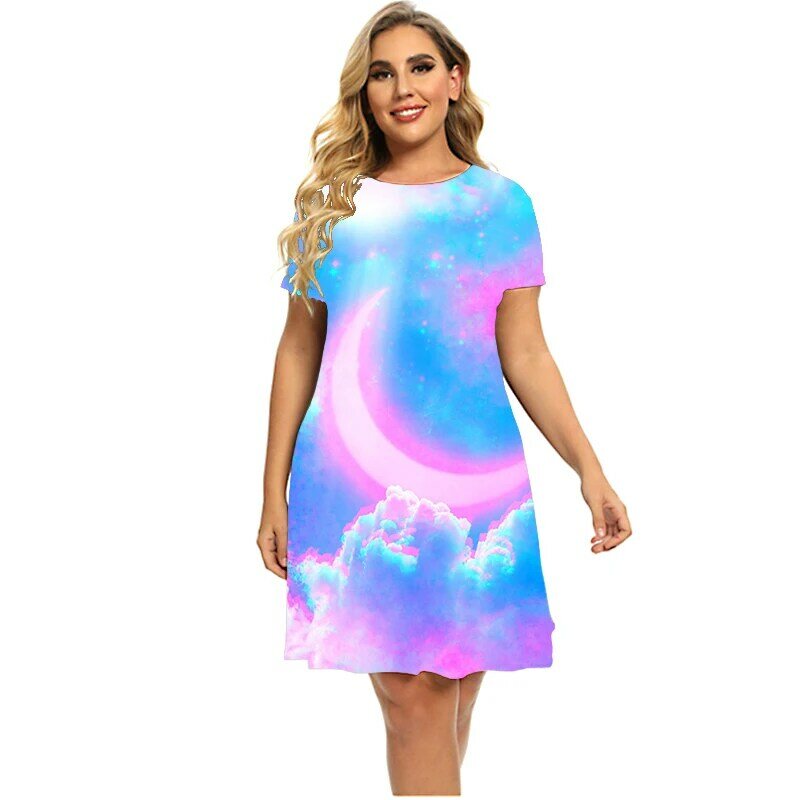 Rainbow Tie Dye Gradient Print Women Dress Elegant Sweet Candy Color Short Sleeve O-Neck A-Line Dress Summer Plus Size Clothing