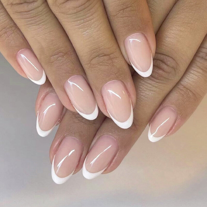 Gradient French Fake Nails for Women y2k Handmade Tips Almond Fake Nails with Glue White Edge Design Press on Nails Short