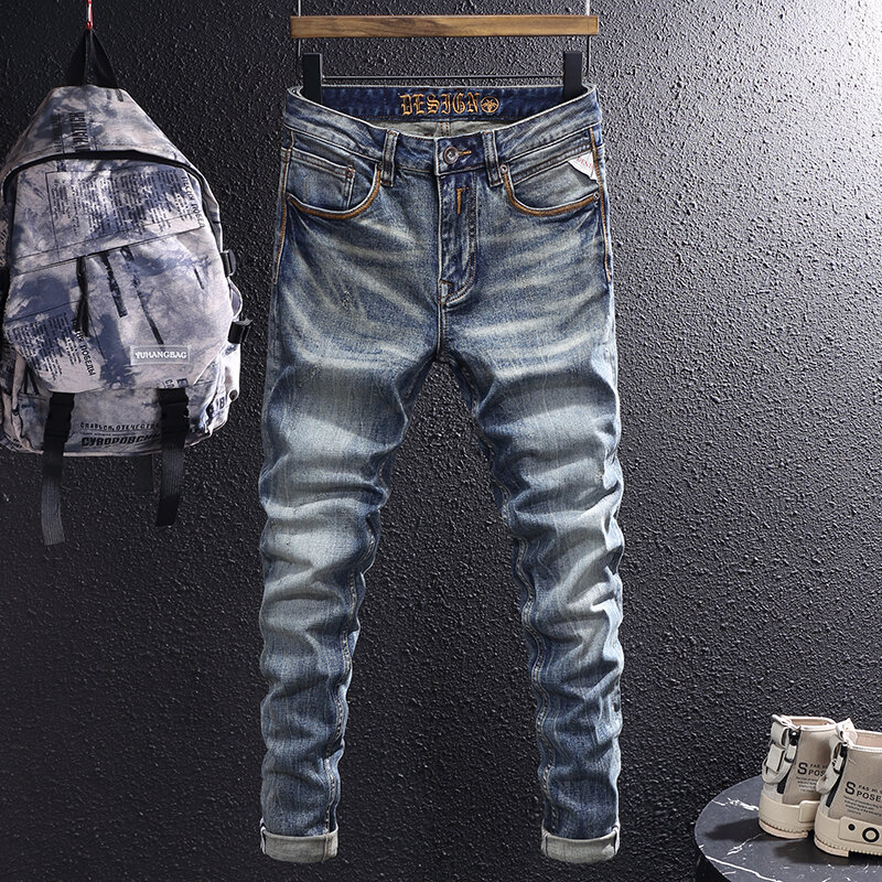 Pantalones vaqueros rasgados elásticos para Hombre, Jeans de diseñador de moda, alta calidad, Retro, azul, estilo italiano, Vintage