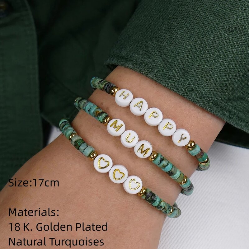 Vlen Personalized Letter Bracelet for Women Boho Jewelry Natural Turquoises Bracelet Waterproof Gold Plated 18 K Beads Pulseras