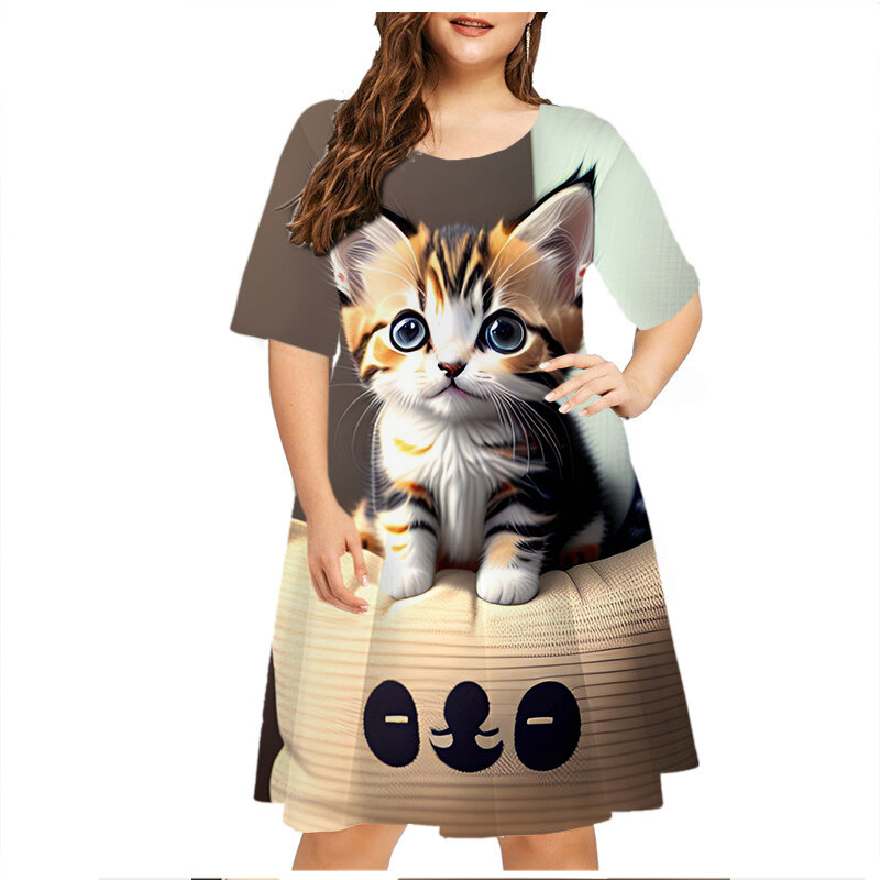 Gaun longgar lengan pendek wanita, gaun bercetak kasual ukuran besar musim panas pola kucing klasik