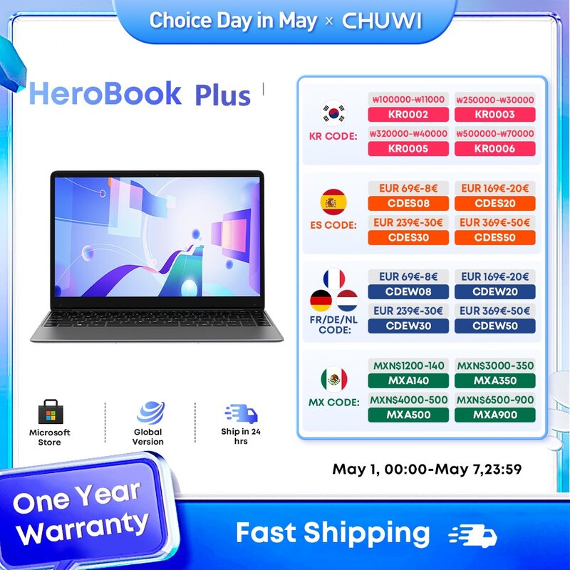 CHUWI-ordenador portátil HeroBook Plus de 2024 pulgadas, Notebook Intel Celeron N4020, 8GB, 15,6 GB, SSD, FHD, 256x1920 P, para oficina y estudio, 1080