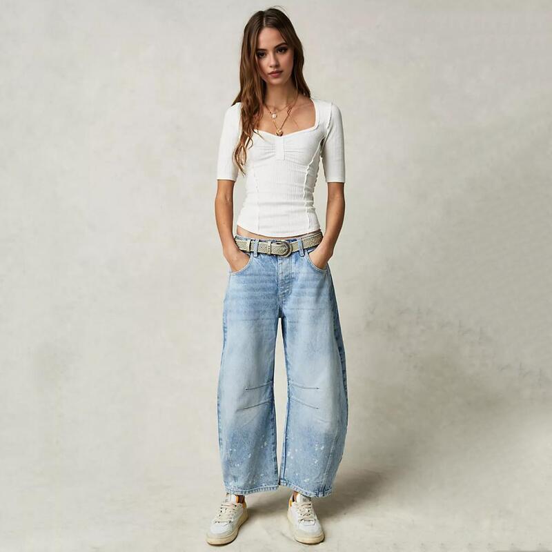 Jeans de perna larga com bolsos para mulheres, calças jeans, perna larga, elegante, streetwear hip-hop, fecho de botão com zíper, solto