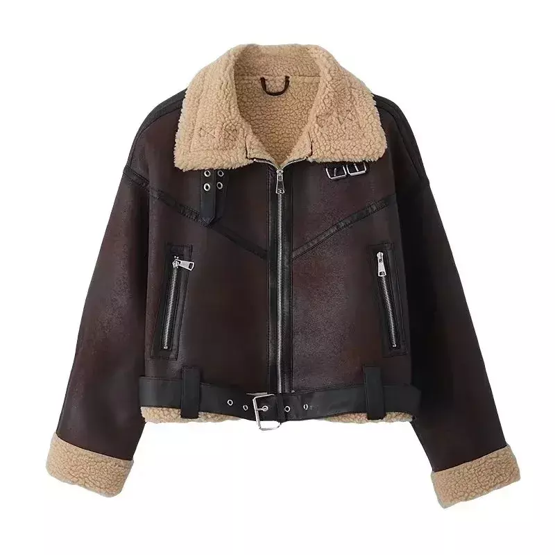 2023 Spring Autumn Women Fur Loose Belt Warm Jacket Lamb Wool Thickened Locomotive Lapel Female Coat Brown Chic Outwear