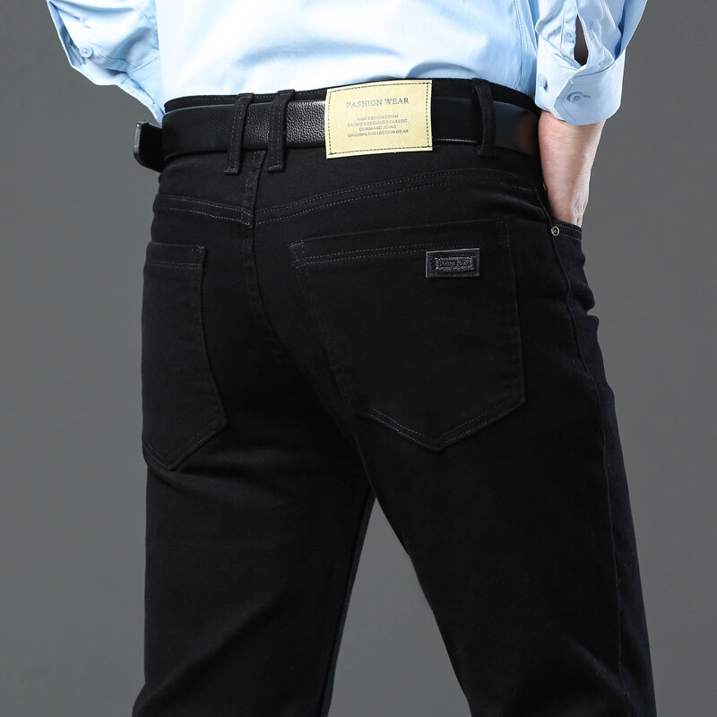 Klasyczny styl 3 kolory jesienne męskie smukłe brązowe jeansy wysokiej jakości biznes Casual wysoka rozciągliwość spodnie dżinsowe męskie spodnie markowe