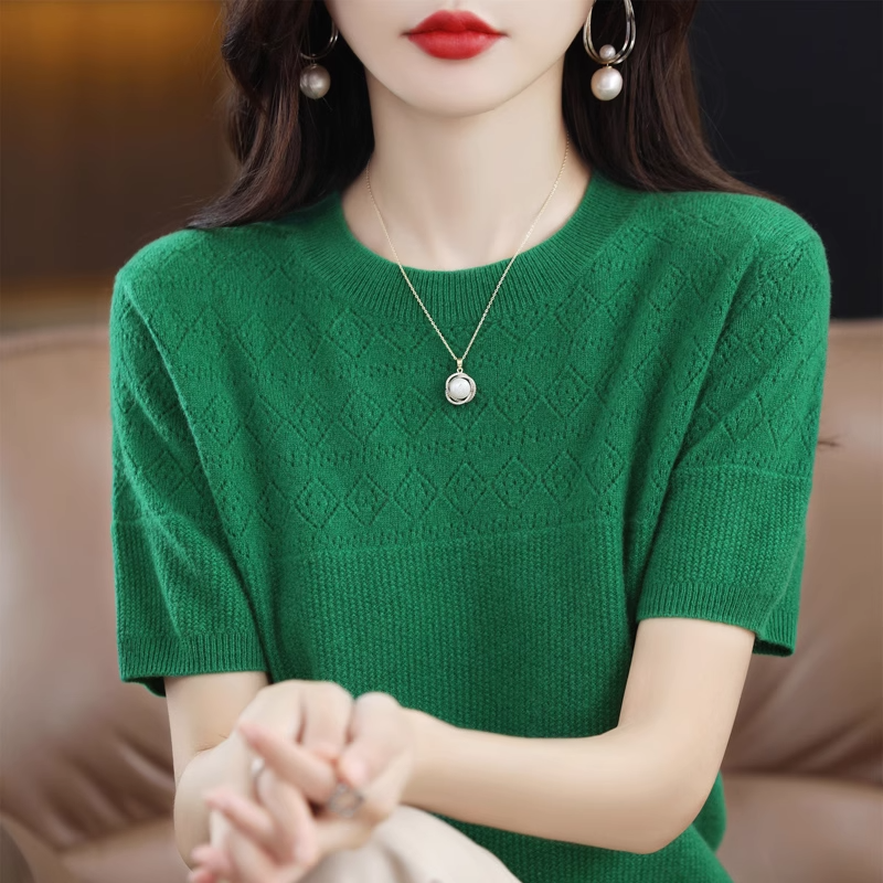 Summer New Fashion Korean Simple Temperament Hollow Out Short Sleeved T-shirt Women Solid Round Neck Loose Versatile Knit Tops