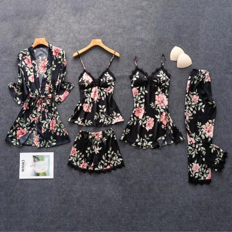 2024 New Hop pigiama pigiama estivo Sexy Set da cinque pezzi pigiama con bretelle per donna abbigliamento per la casa con imbottiture per il petto accappatoio