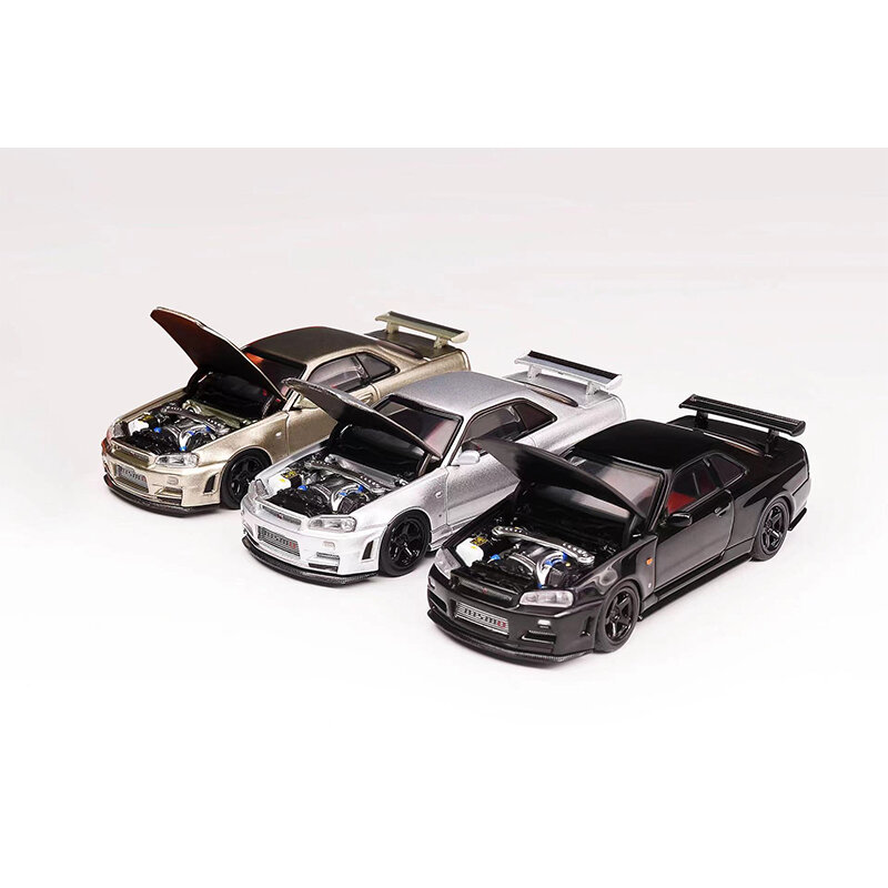 예약 구매 MH 1:64 스카이라인 GTR R34 Z TUNE 오픈 후드 다이캐스트 디오라마 자동차 모델 컬렉션 미니어처 장난감, 모터헬릭스