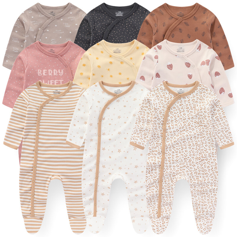 Desenhos animados de bebê menino e menina macacões com zíper, conjuntos de roupas de algodão, footie, recém-nascido, outono, primavera, 3 pcs