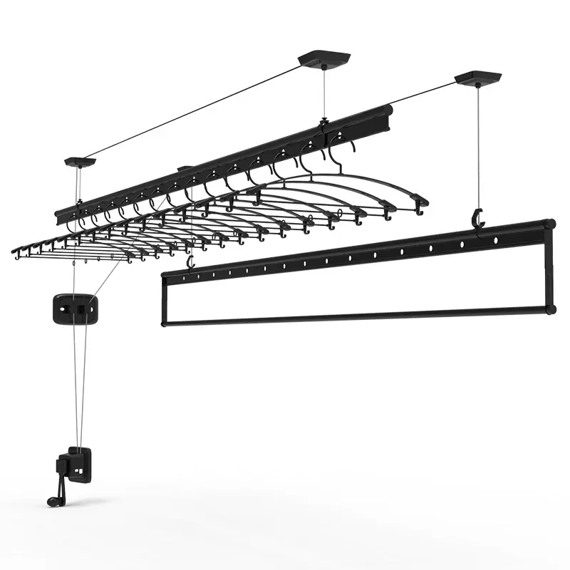 With Hangers Aluminum Alloy Material Balcony Clothes Drying Storage Rack Ceiling Mounted Manual Roll Up Clothes Drying Rack