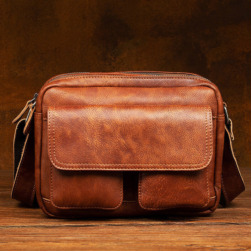 Vintage Leather Men's Shoulder Crossbody Bags Top Layer Cowhide Horizontal Messenger Bag Can Hold 9.7 "Ipad