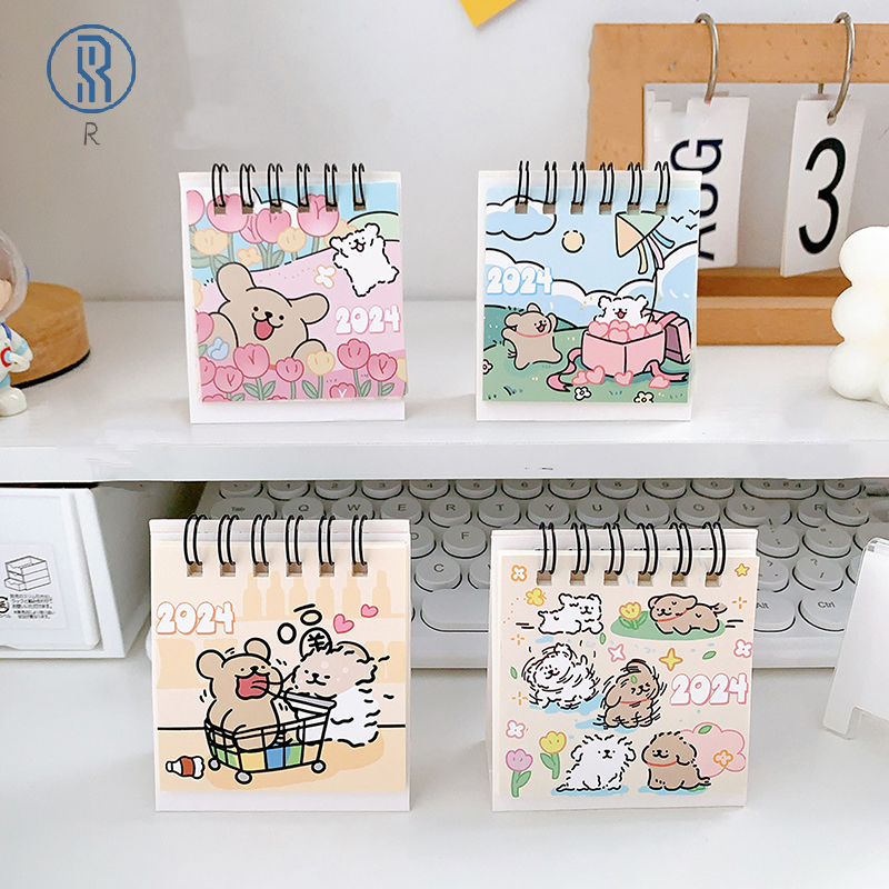 2024 Mini calendario Cute Cartoon Puppy Series calendario da tavolo piccolo calendario da tavolo portatile forniture per studenti da ufficio Kawaii