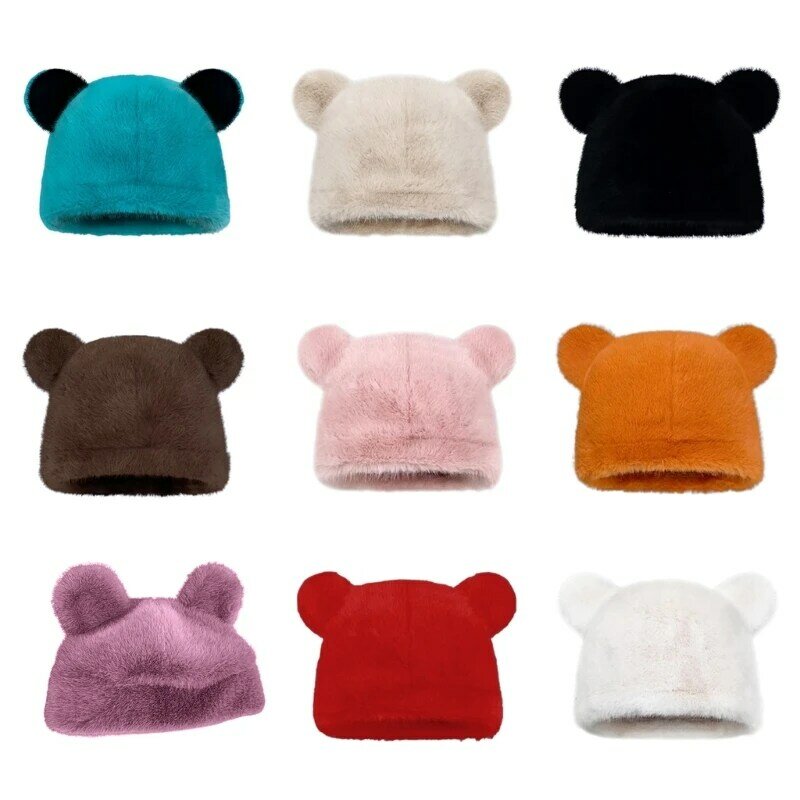 Y1UB Мультяшная плюшевая шапка, мягкая шапка-бини, забавный пуловер с медвежьими ушками, женская шапка, головной убор