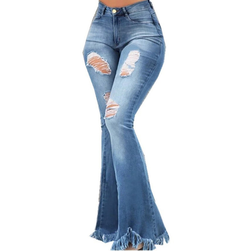 กางเกงยีนส์ขาบานสำหรับผู้หญิงกางเกงห้าส่วนขากระดิ่งทรงหลวมกางเกงยีนส์มีรูกระเป๋า