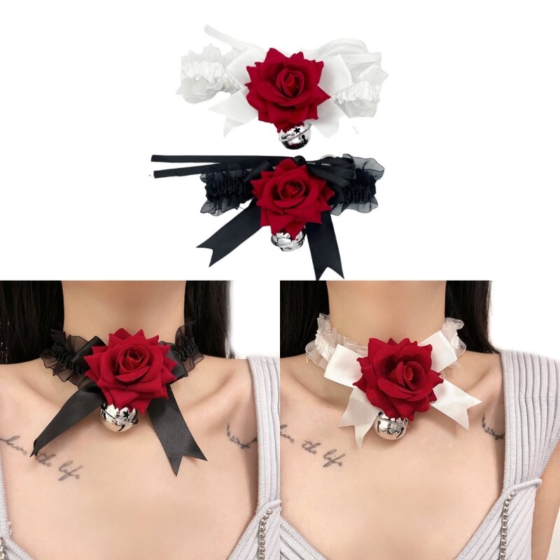 Womens Red-Rose Choker Necklaces Punk Lace Chokers Gothic Bowknot Choker Necklaces with Bells Halloween Jewelry-Decor R7RF