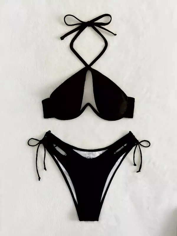 Biquíni simples e versátil de mulher, maiô monocromático, maiô Halter feminino, fato de banho, moda praia, 2021