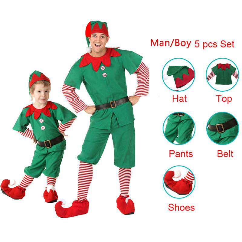 ผู้ใหญ่เด็กครอบครัวเครื่องแต่งกายคริสมาสต์ผู้หญิงผู้ชาย Santa Claus คริสต์มาสปีใหม่ปาร์ตี้คอสเพลย์ชุดเด็กหญิงเด็กชาย Elf สีเขียวแฟนซีชุด