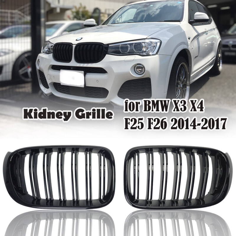 Front Replacement Kidney Grill Gloss Black for BMW X3 X4 F25 F26 2014 2015 2016 2017 2018 Dual Line Trim Strip Racing Grills