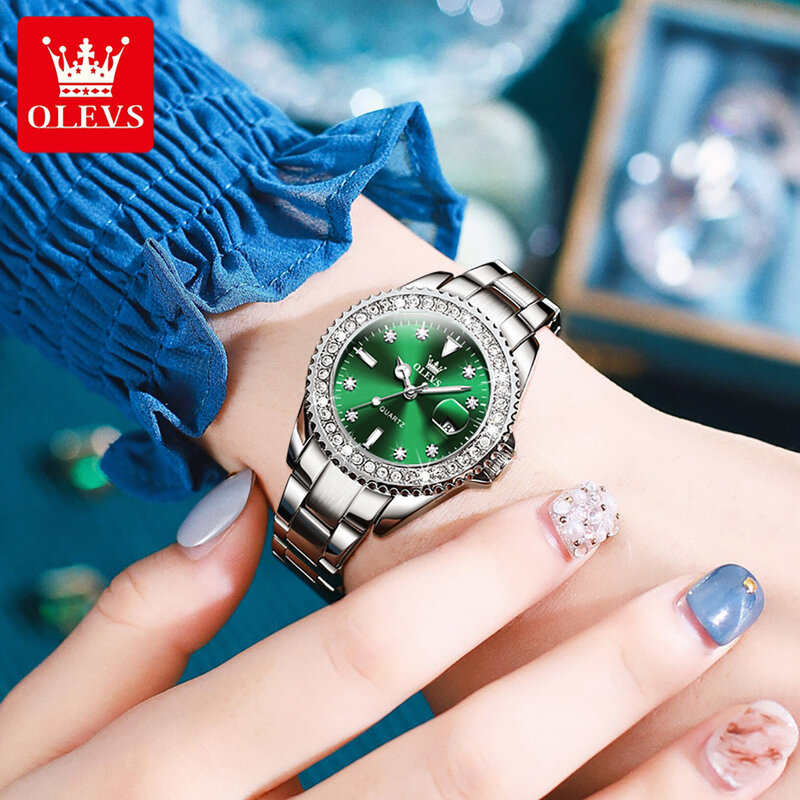 OLEVS นาฬิกาข้อมือนาฬิกาสตรีสแตนเลสสตีลแฟชั่นสีเขียวแบรนด์ชั้นนำนาฬิกาควอตซ์ปฏิทินนาฬิกาผู้หญิง relogio feminino