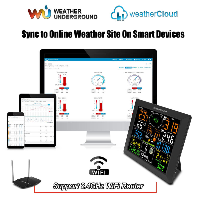 Wunderground-Station météo sans fil avec capteur extérieur, station météo WLAN professionnelle, prévisions météo Internet, pluviomètre