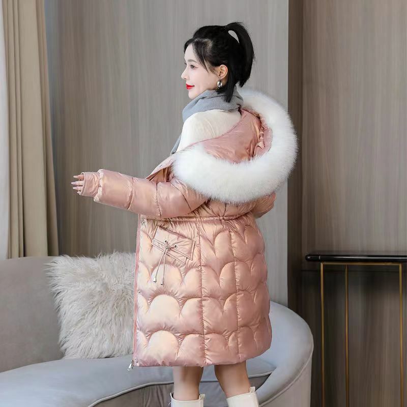 Fdfkkk-미디엄 길이 코튼 패딩 자켓, 한국 겨울 신상 두꺼운 후드 파카 코트, 브라이트 워시 프리 아웃웨어, 3XL, 여성용