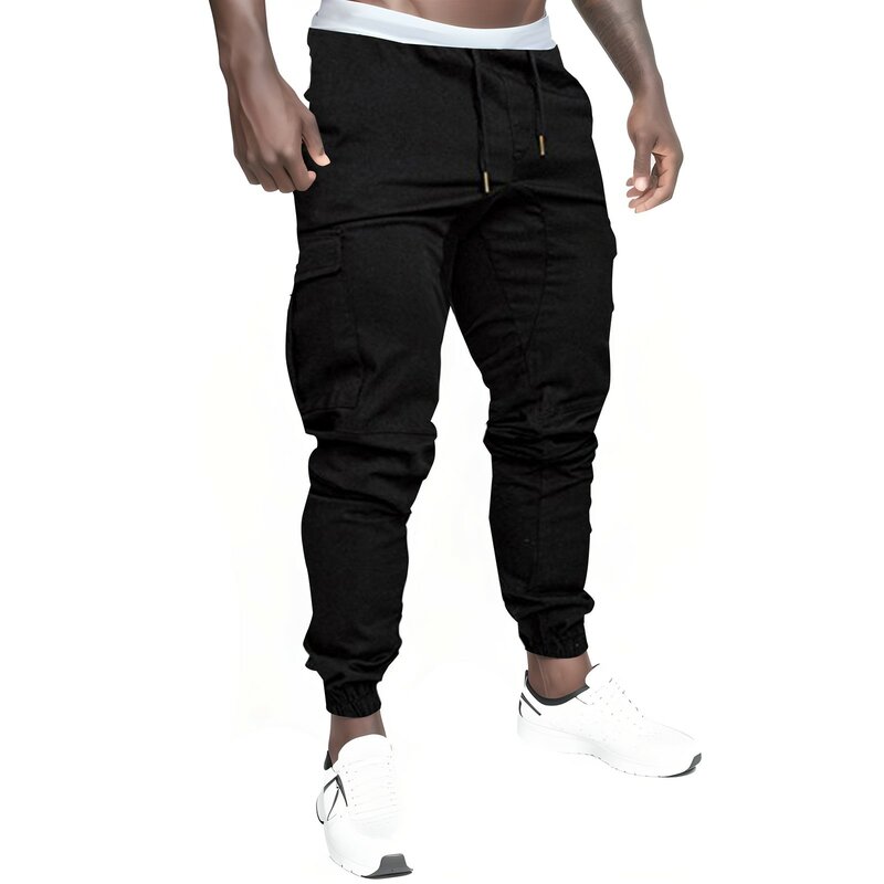 Calça esportiva de bolso múltiplo masculina, casual com cordão fitness, calça jogger track, macacão de moda, roupa nova, 2024