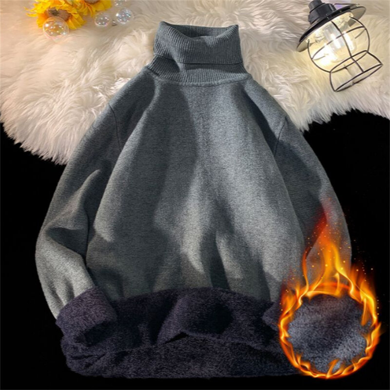 남성용 터틀넥 스웨터 플러스 벨벳 두꺼운 풀오버 상의, 단색 캐주얼 스웨터, 가을 겨울 패션