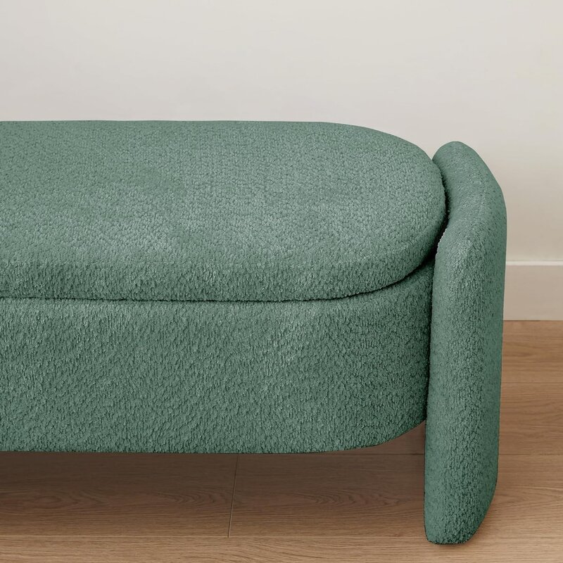 Fleece Fabric Oval Ottoman With Hinges for Entryway Kids Chair Bedroom Children's Stool 47" W Upholstered Storage Bench Green