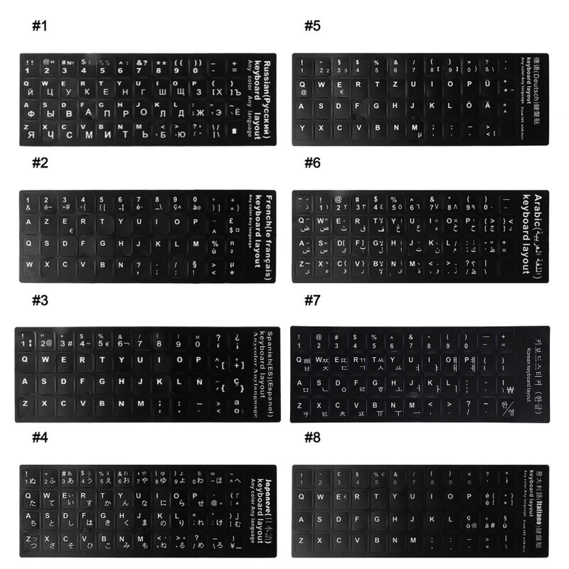 Durable Russian/French/Spanish/Japanese/German/Arabic/Korean/Italian Keyboard Language Sticker Black White Waterproof
