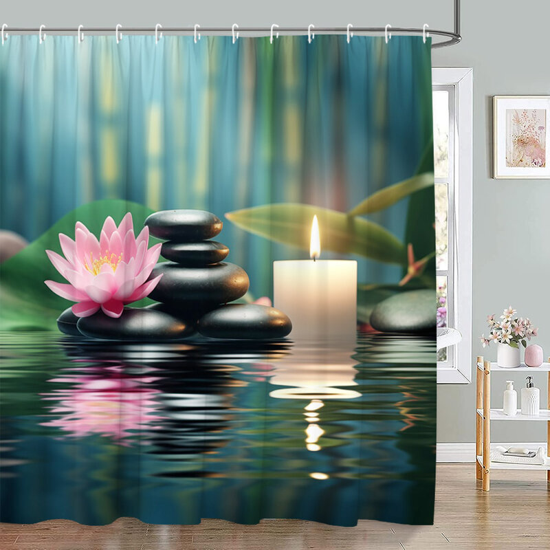 Zen Stone tenda da doccia paesaggio verde bambù loto viola orchidea candela Spa fiume tessuto in poliestere bagno Decor tenda Set