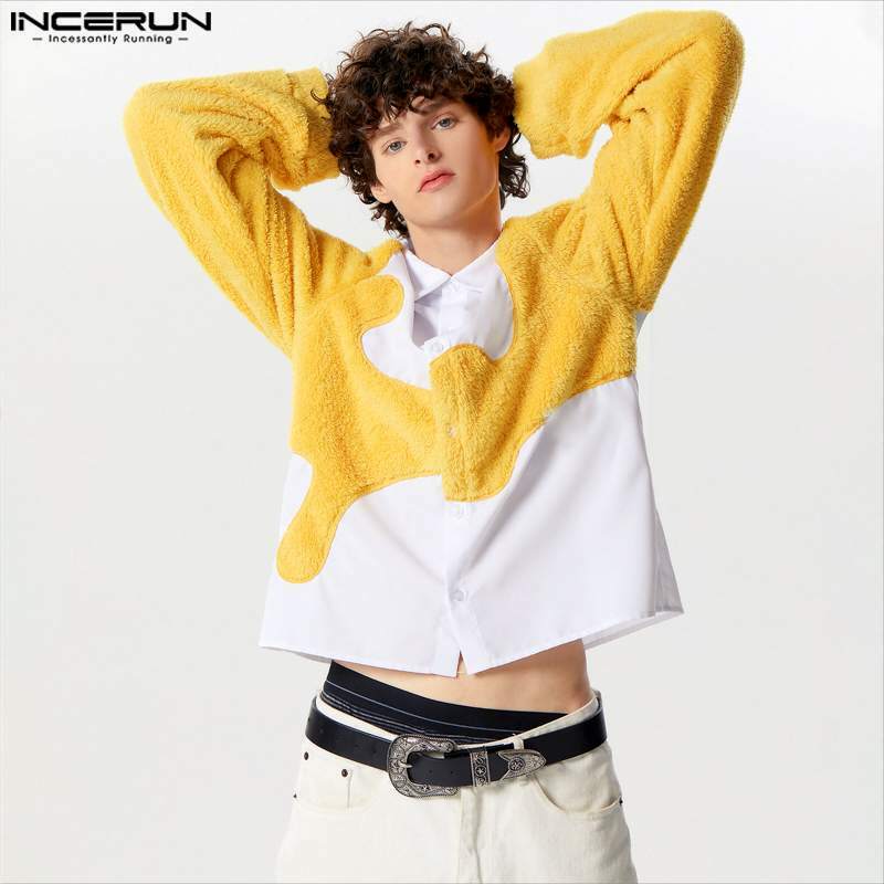 Fashion Well Fitting Tops INCERUN Handsome Mens Personality Suede Patchwork Irregular Shirts Male Long Sleeved Blouse S-5XL 2024