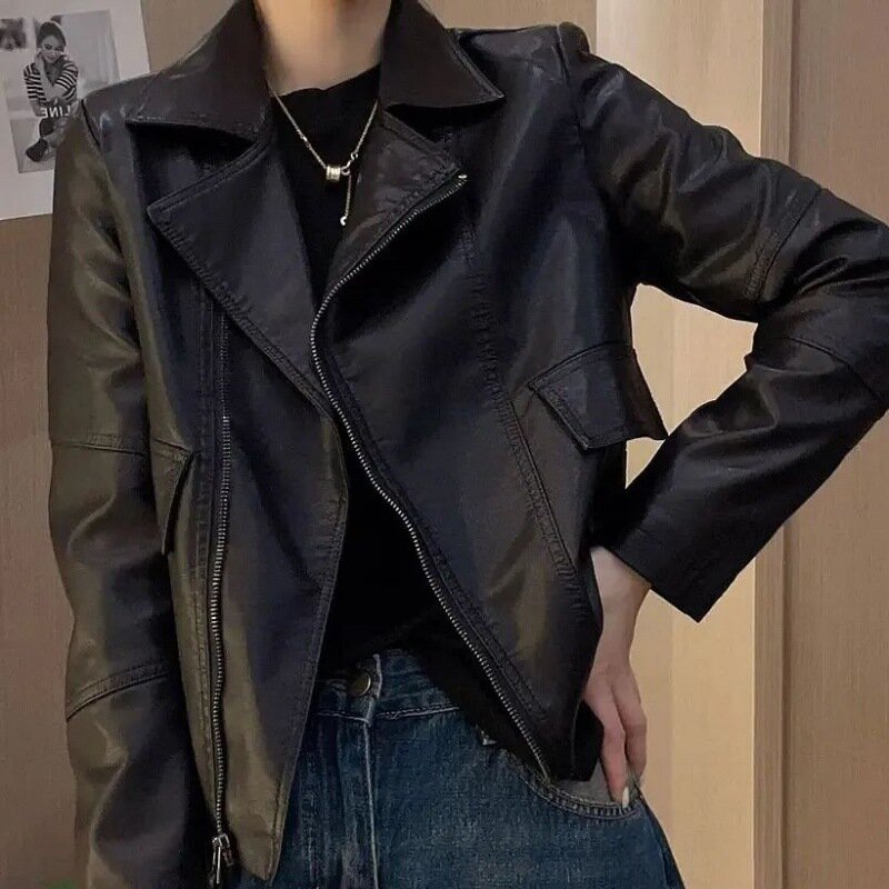 Neue Revers kurze Reiß verschluss Lederjacke Damen Frühling wind dichten Motorrad mantel Trend lose große feste Pu Jacke Outwear Top