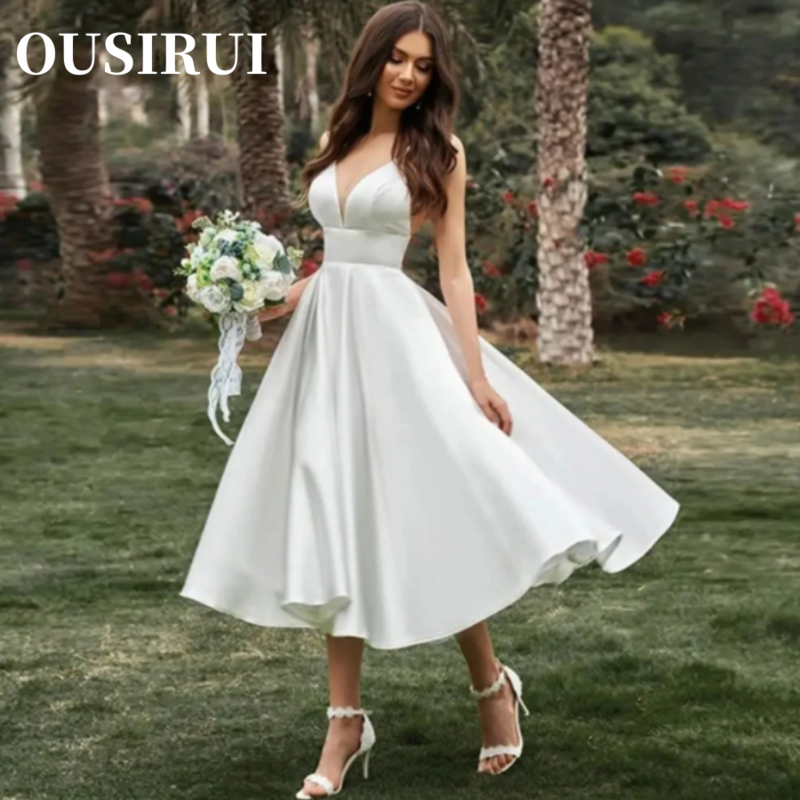 V-Neck A-Line Short Bridal Gowns Elegant  2024 Simple Wedding Dresses Wide Belt Satin Backless Spaghetti Straps Vestidos De Novi