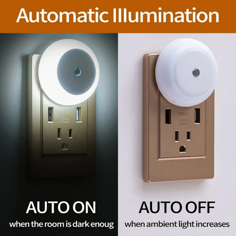 Lámpara LED de pared inteligente con enchufe europeo, luz nocturna blanca redonda, Sensor de anochecer a amanecer, para baño, dormitorio, cocina, pasillo, ahorro de energía
