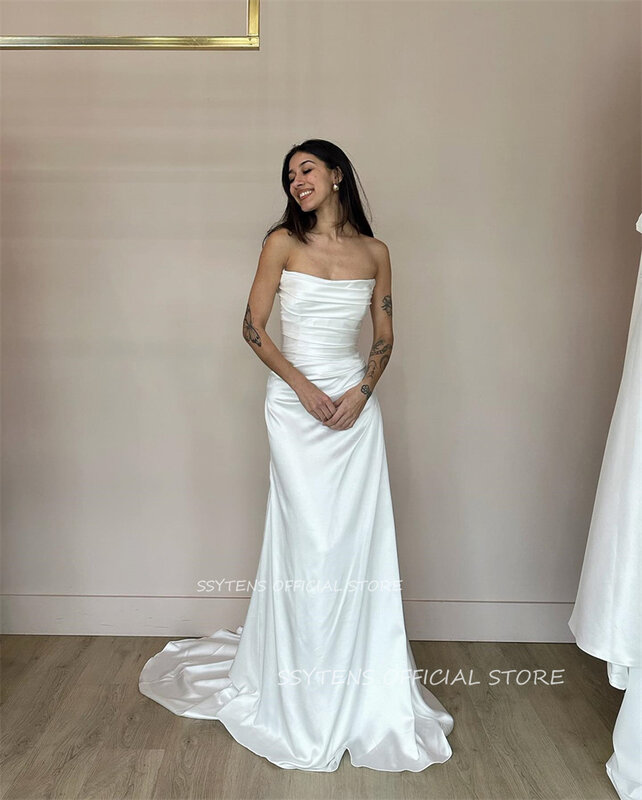 White Modern Mermaid Wedding Dresses Satin Strapless Evening Prom Dresses 2024 Luxury Bridal Gown Long Sexy Bride Party Dress