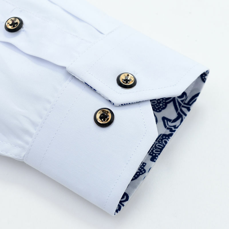 Kemeja Kerah Porselen Biru-putih Pria Lengan Panjang Korea SlimFit Kemeja Bisnis Kasual Kemeja Putih Warna Solid Katun